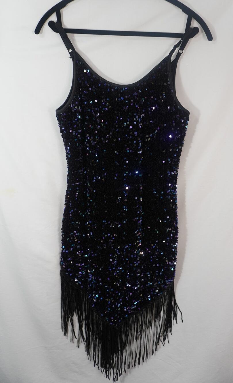 Puremalia Black Iridescent Sequin Fringe Mini Dress S Flapper 1920s Party